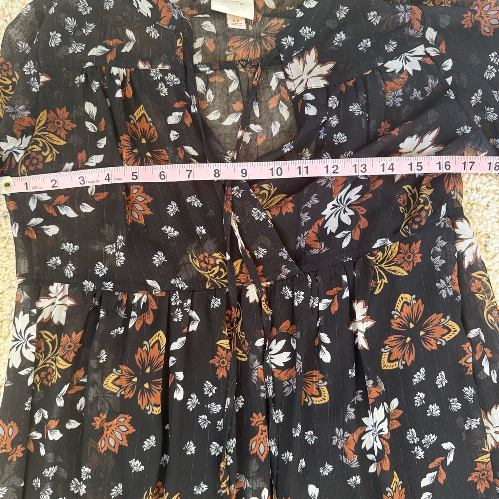 Knox Rose Black Floral Boho Tunic Dress Bell Sleeve Semi Sheer V Neck XS Boho - Picture 6 of 9